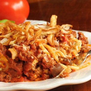 spaghetti casserole with french fried onions